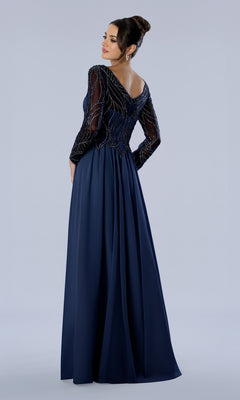 Long Formal Dress: Stella Couture 26364 navy evening gown with a beaded bodice and a full-length, pleated skirt.