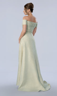 Stella Couture 26373 is a mint-colored, off-the-shoulder, floor-length evening gown with a full skirt, a slight train, and a metallic finish.