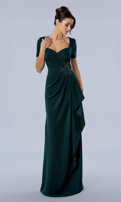 Stella Couture 26376 emerald green evening gown with short sleeves, a sweetheart neckline, and beaded detail on the draped waist.