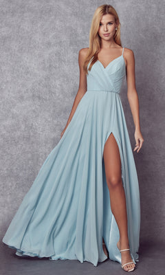A woman in the Simple Long Formal Dress with Lace-Up Back 263—light blue, sleeveless, floor-length with a V-neckline and high slit—stands against a gray textured backdrop.