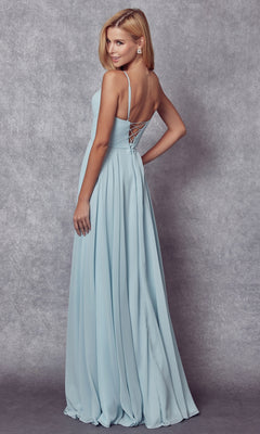 A woman wearing the Simple Long Formal Dress with Lace-Up Back 263 in light blue poses against a gray textured background.