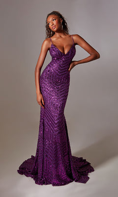 A woman poses against a plain background wearing the Aerie Couture 263 Lace-Up Long Sequin Prom Dress, a floor-length, form-fitting purple gown with thin straps.