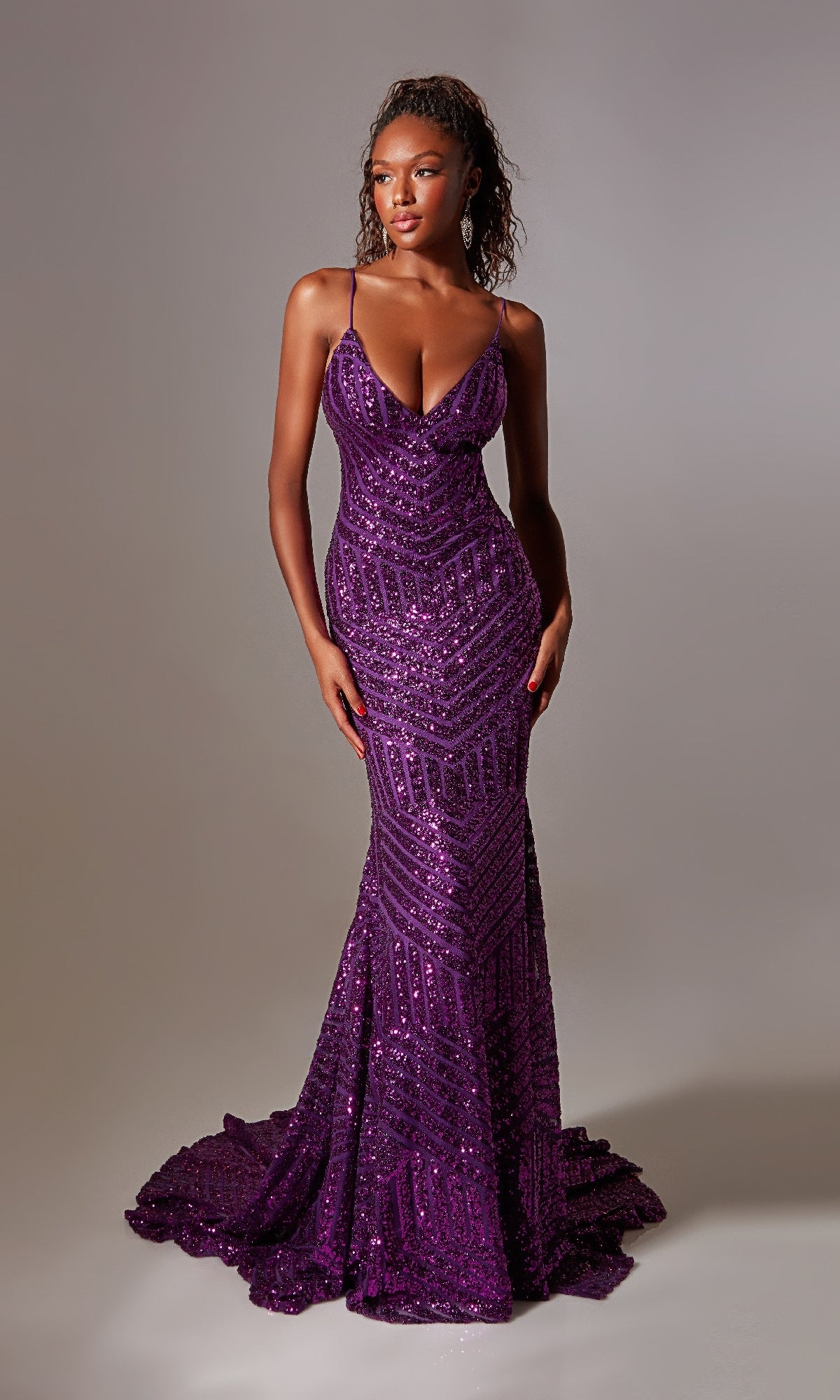 V-Neck Long Sequin Prom Dress with Lace-Up Back Royal / 4