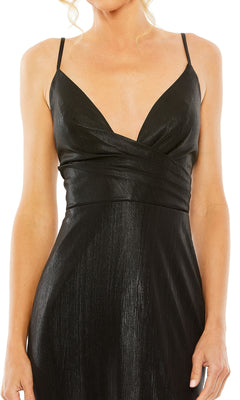 Woman wearing the Strappy-Back Long Formal Dress by Mac Duggal 26408, featuring thin straps and a deep V-neckline, shown from shoulders to mid-thigh.
