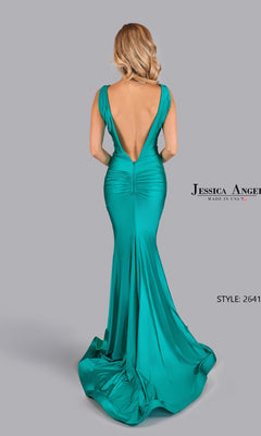 Woman in a teal Long Jersey V-Neck Prom Dress: Jessica Angel 2641, featuring draped shoulders and open back, stands against a plain gray background. Text on image: "Jessica Angel, Style: 2641.