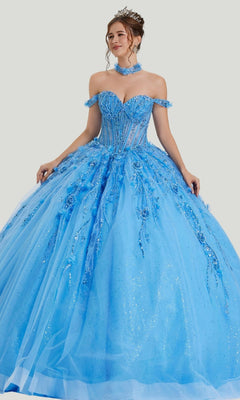 A woman wearing the Quinceanera Dress 26416 by Stella Couture in Azure, featuring an off-shoulder, embellished corset bodice and a glitter tulle skirt adorned with delicate floral details, stands against a plain background.