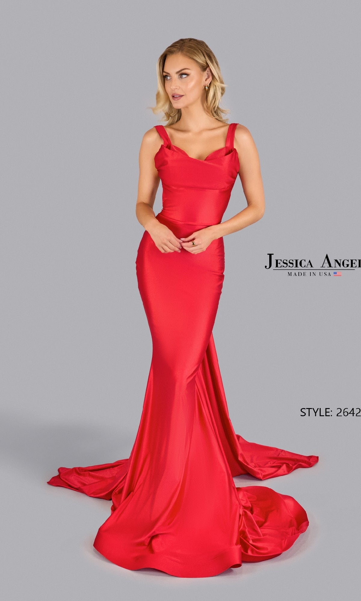 A woman models the Back Sash Long Prom Dress: Jessica Angel 2642, a fitted, floor-length red gown with wide straps and a train, against a plain grey background. Text reads 
