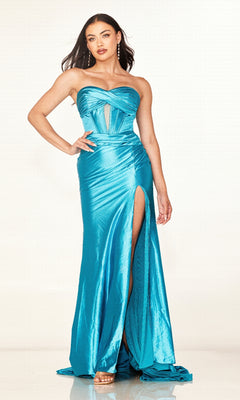 A woman models the Cecilia Couture 2643 Cut-Out Strapless Prom Gown, a shiny blue long dress with a corset-style bodice, front cutout, and thigh-high slit, paired with high-heeled sandals against a plain background.