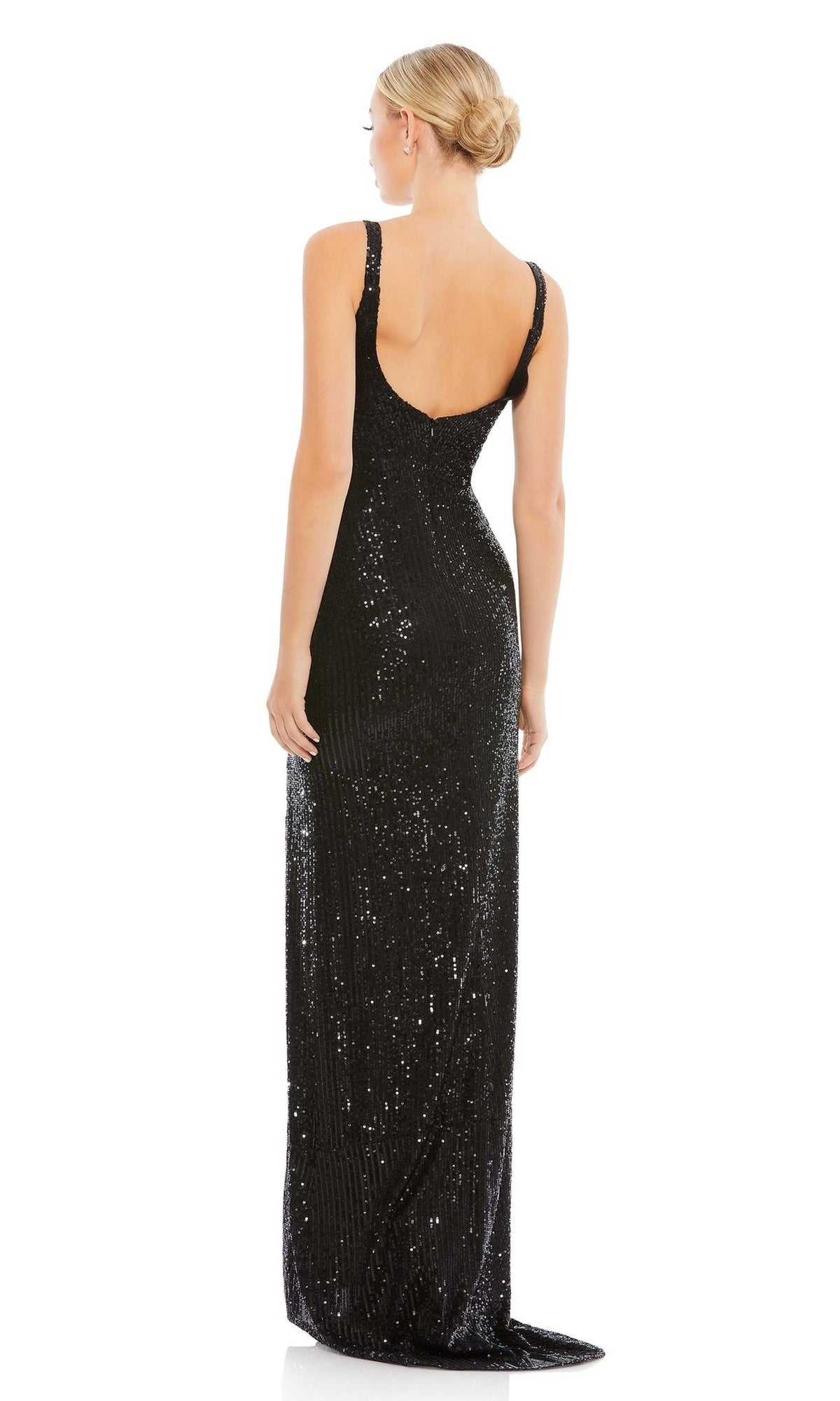 A woman with blonde hair in a low bun wears the Sexy Long Sequin Formal Dress: Mac Duggal 26443, sleeveless and floor-length with a low back, standing and facing away from the camera.
