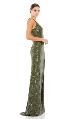 A woman in profile models the Mac Duggal 26443 Sexy Long Sequin Formal Dress—sleeveless, floor-length, green with a side slit—against a white background.