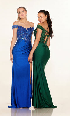 Two women wear the Cecilia Couture 2645 long prom dress—one in blue with a thigh-high slit, the other in green with an elegant lace-up back.