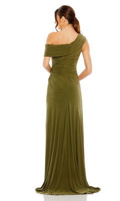 Woman in a Mac Duggal 26517 one-shoulder olive green prom dress stands with her back to the camera, highlighting the elegant, floor-length design against a plain white background.