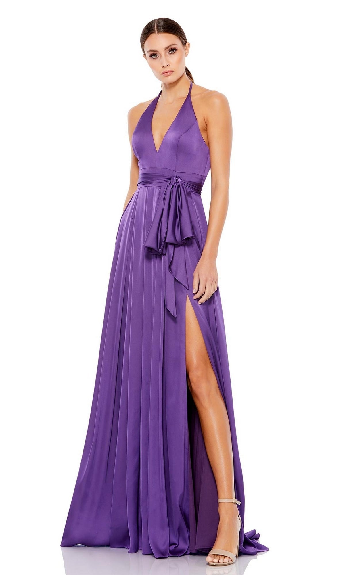 mac duggal halter pleated maxi dress Green Pleated Halter Neck Asymmetrical Hem Gown