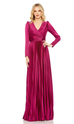 A woman faces forward wearing the Long Formal Dress 26542 by Mac Duggal, featuring magenta pleats, long sleeves, a V-neckline, and a floor-length skirt.