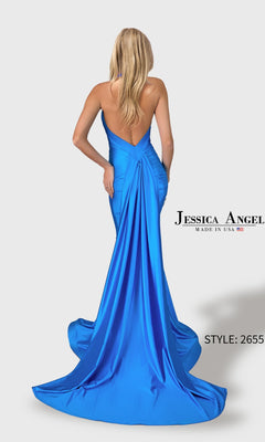 A woman with long blonde hair models the Jessica Angel 2655, a bright blue satin stretch mermaid prom dress featuring a halter neckline, backless design, and long train. Text reads “Long Prom Dress: Jessica Angel 2655.”.
