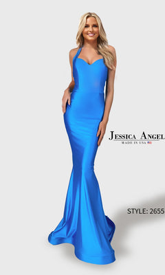 A woman wearing a turquoise, fitted mermaid-style satin stretch dress with a sweetheart neckline and halter straps. She is dressed in the Long Prom Dress: Jessica Angel 2655.