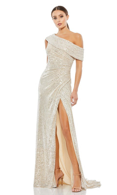 A woman poses against a plain background wearing the Mac Duggal 26550 Drop-Shoulder Sequin Formal Gown—a floor-length, high-slit dress—paired with strappy high-heeled sandals.