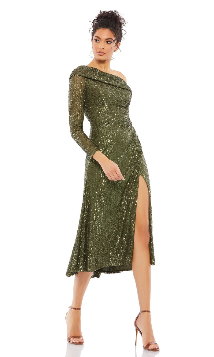 Mac Duggal Olive Green Sequin Midi Party Dress 26551