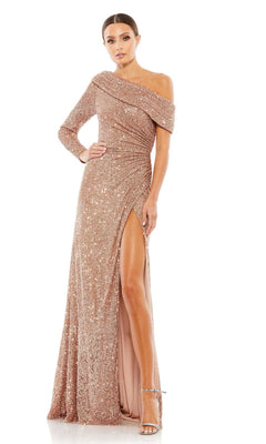 A woman poses gracefully against a white background wearing the Mac Duggal 26571 One-Sleeve Sequin Formal Dress, featuring a one-shoulder design and thigh-high slit, paired with metallic high-heeled sandals.