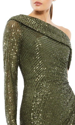 Woman in a dark green Mac Duggal 26571 One-Sleeve Sequin Formal Dress, featuring an elegant asymmetrical neckline.
