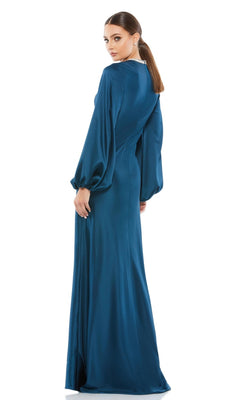 Woman wearing the Mac Duggal 26575 long sleeve formal dress stands with her back turned, glancing over her shoulder against a white background.