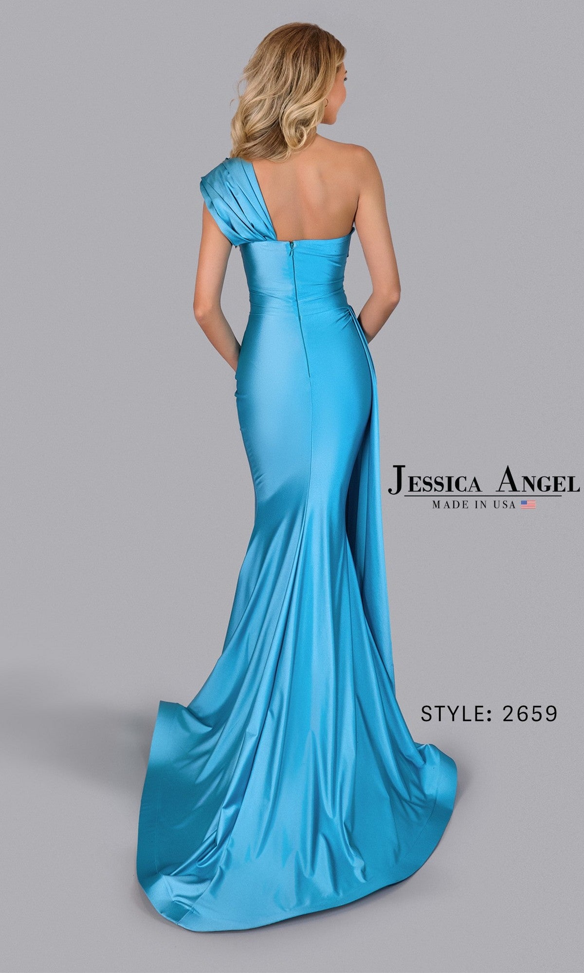 A woman models a shiny, fitted turquoise one-shoulder satin gown with a long train from the back against a gray background. Text: 