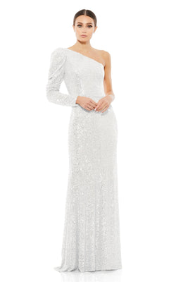 A woman stands against a white background wearing the Mac Duggal 26591 One-Sleeve Sequin Formal Dress, featuring an asymmetrical neckline.