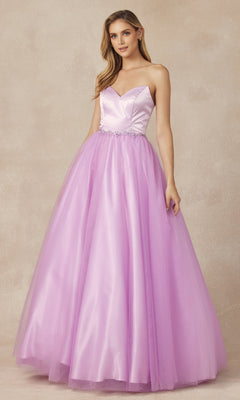 A woman in the Strapless Sweetheart Long Prom Ball Gown 265, featuring a fitted satin bodice, corset back, and full lilac tulle skirt, stands against a neutral background.