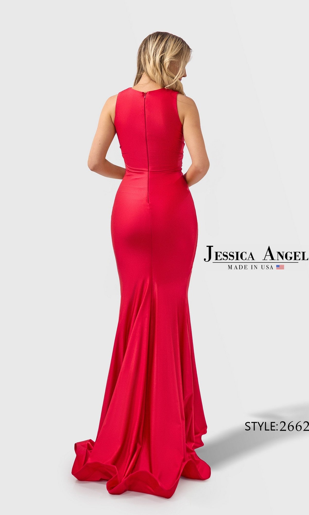 A woman is seen from the back wearing the Long Prom Dress: Jessica Angel 2662, a sleeveless red sheath gown with a mermaid-style skirt and long train. The 