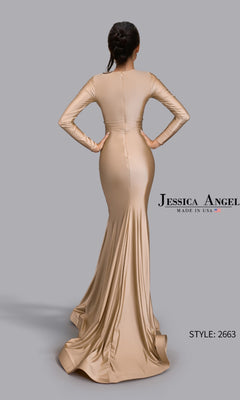 A woman poses with hands on hips in the Long Prom Dress: Jessica Angel 2663, highlighting the fitted stretch satin and smooth floor-length train. Text reads: "Jessica Angel" and "STYLE: 2663.