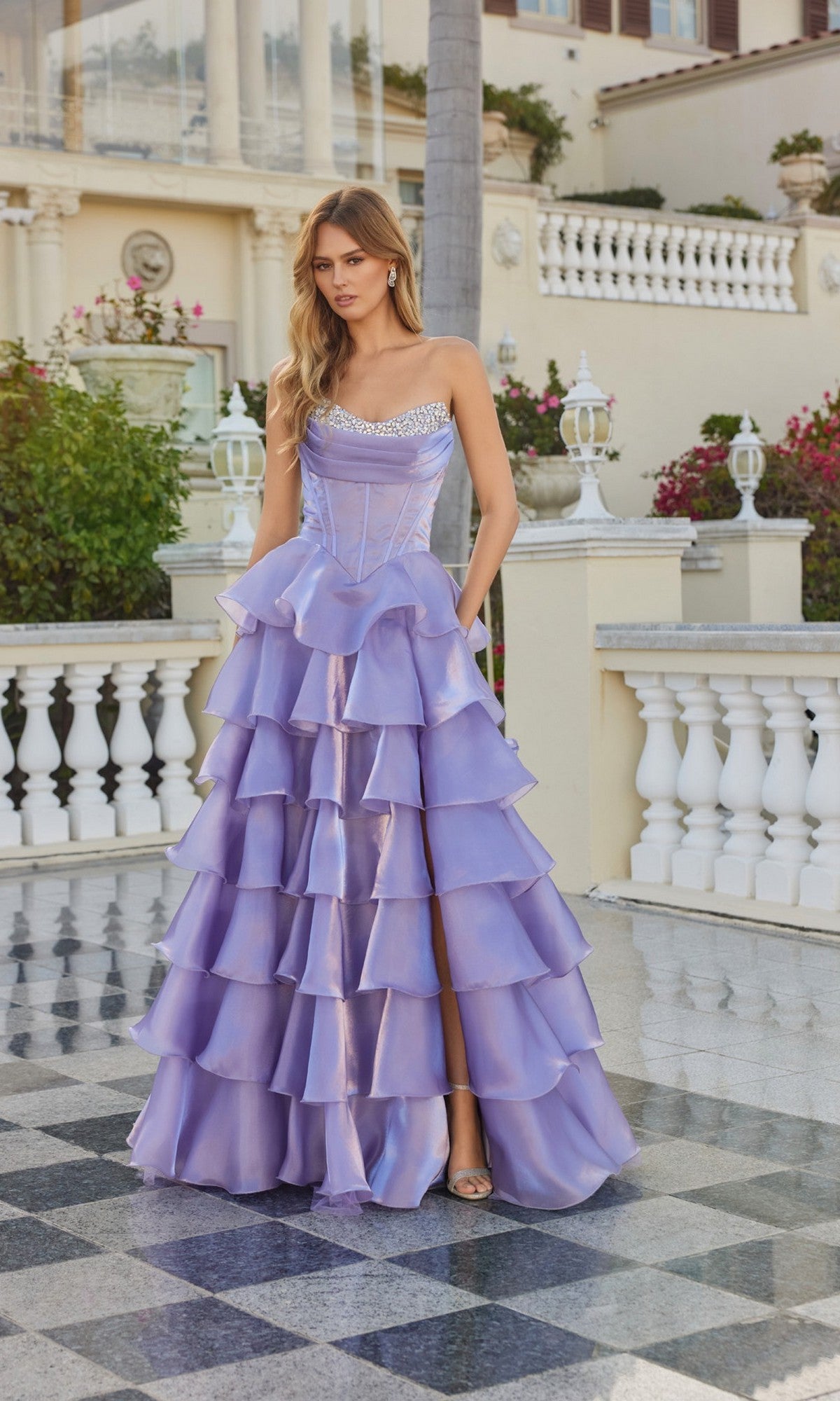 Lace-Up Strapless Long Prom Dress with Ruffles Royal Blue / 6