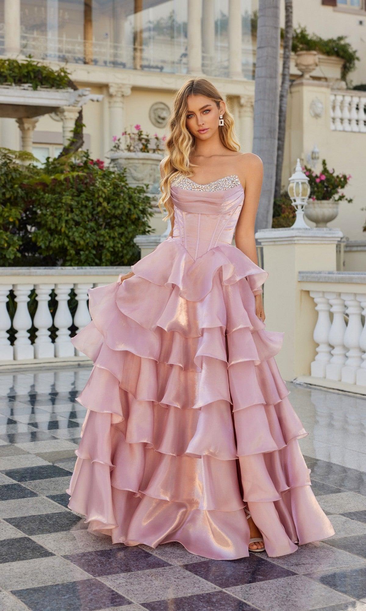 open lace back dress Lace-Up Strapless Long Prom Dress with Ruffles Dusty Rose / 10