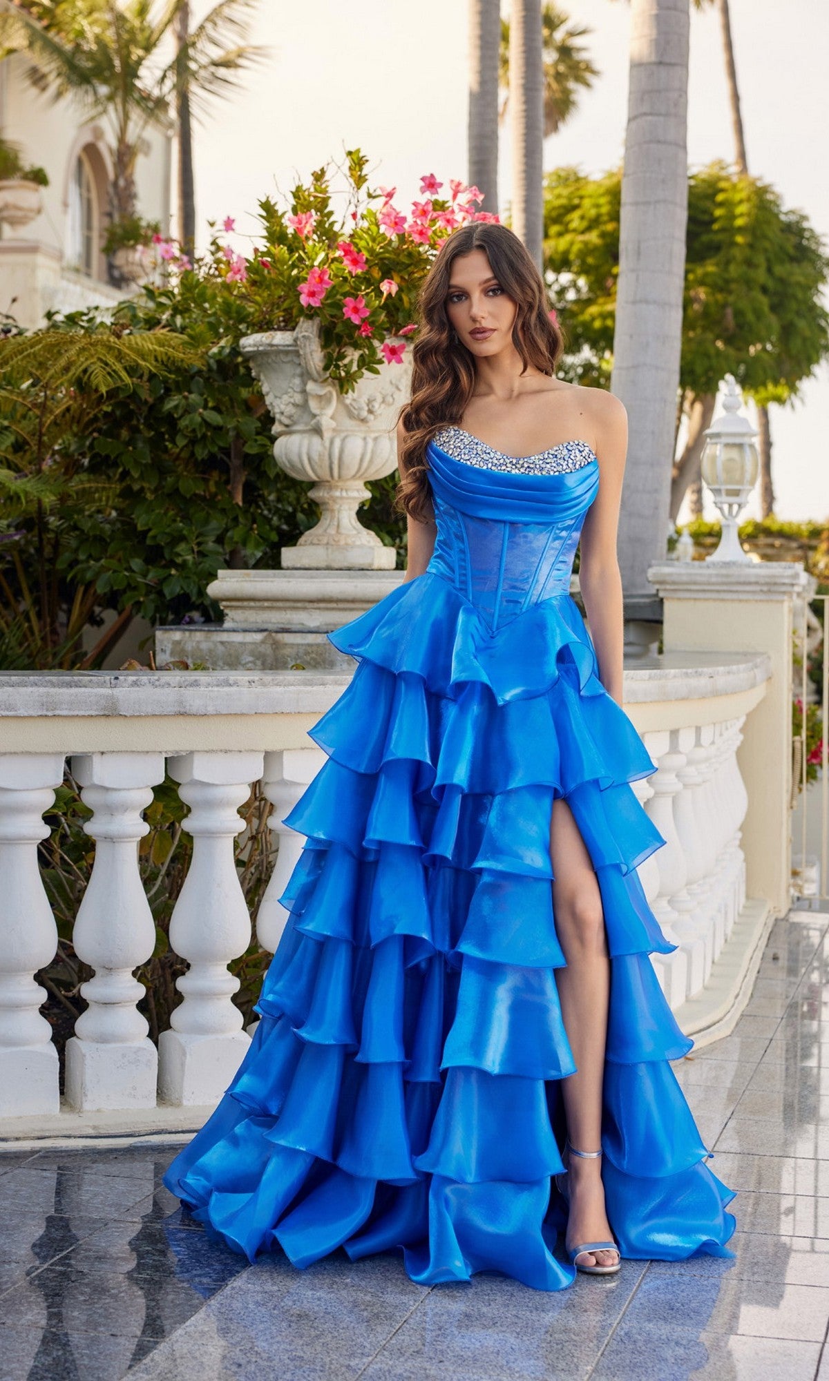 Lace-Up Strapless Long Prom Dress with Ruffles Royal Blue / 6