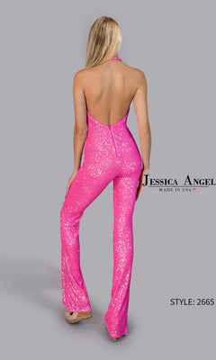 A woman models the Long Sequin Jumpsuit: Jessica Angel 2665 with a halter v-neckline, open back, and flared legs against a plain gray background. Text reads "Jessica Angel" and "STYLE: 2665".