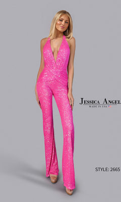 A woman wears the Long Sequin Jumpsuit: Jessica Angel 2665 in Neon Pink, featuring a sleeveless halter v-neck and flared legs, standing against a plain gray background. Text reads "Jessica Angel, Style: 2665.