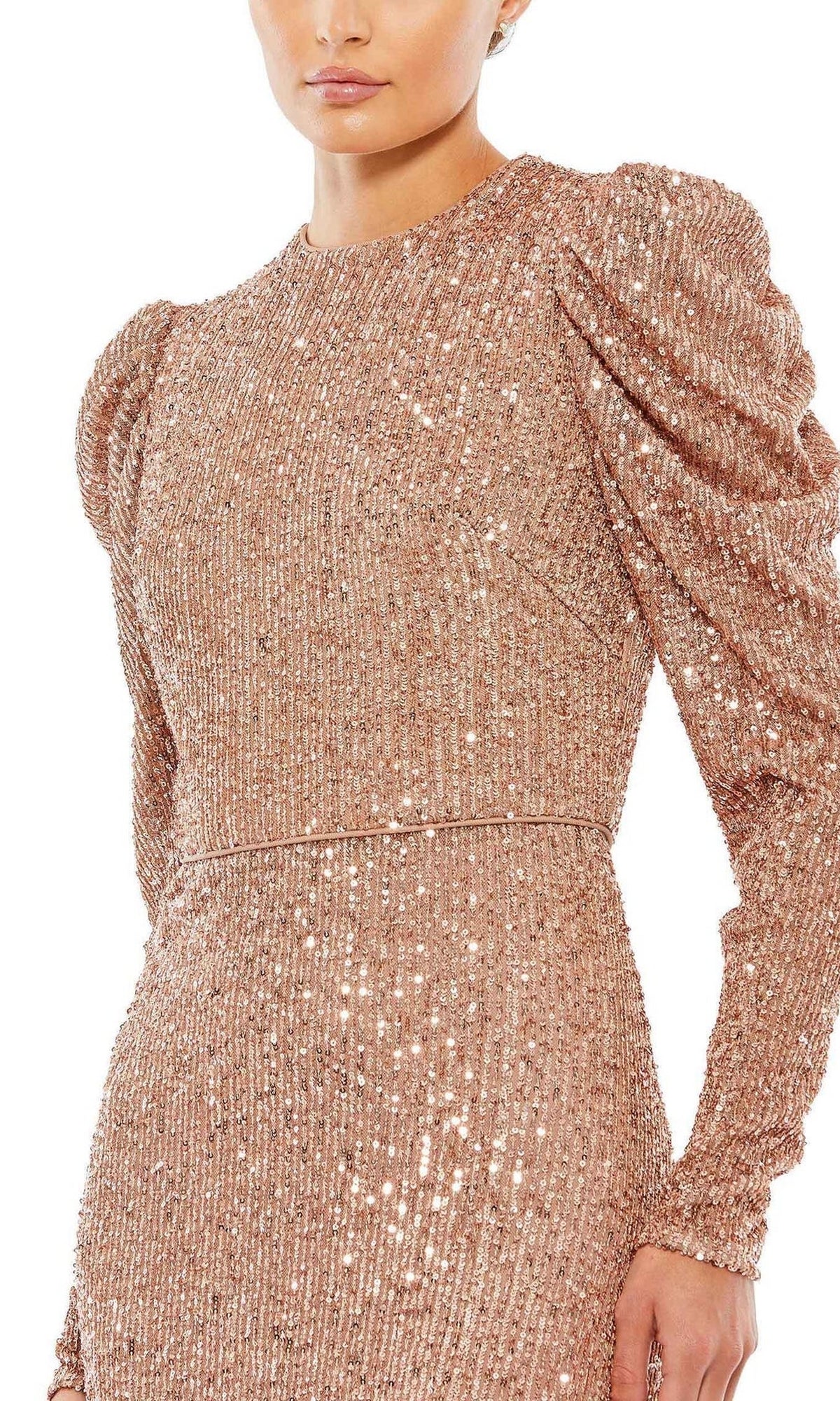A person wears the Mac Duggal 26692 Long-Sleeve Sequin Formal Dress in rose gold with puffed shoulders, shown from the waist up against a white background.