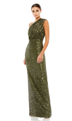A woman poses against a white background in the Mac Duggal 26694, a floor-length, one-shoulder green sequin formal dress that dazzles with elegance.