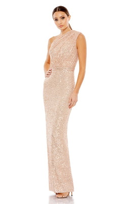 A woman models the Mac Duggal 26694 One-Shoulder Long Formal Dress in rose gold with a fitted, sequin design, floor-length silhouette, standing against a white background.