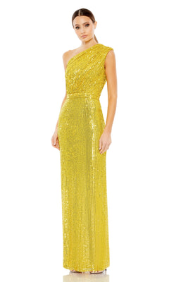 A woman wears the Mac Duggal 26694, a floor-length, one-shoulder yellow sequin formal dress with a fitted silhouette, standing against a plain white background.