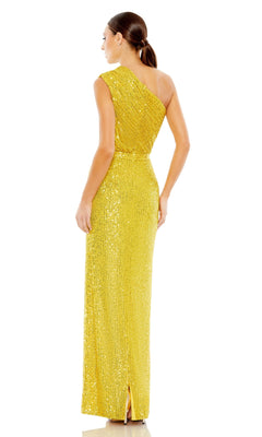 A woman with a low ponytail faces away from the camera, wearing the Mac Duggal 26694 One-Shoulder Long Formal Dress in yellow, set against a white background.