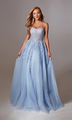 A woman models the Lace-Up Long Prom Ball Gown: Aerie Couture 266—a light blue, tulle, floor-length dress with a fitted bodice, thin straps, floral appliqué accents, and a lace-up open back—against a plain background.