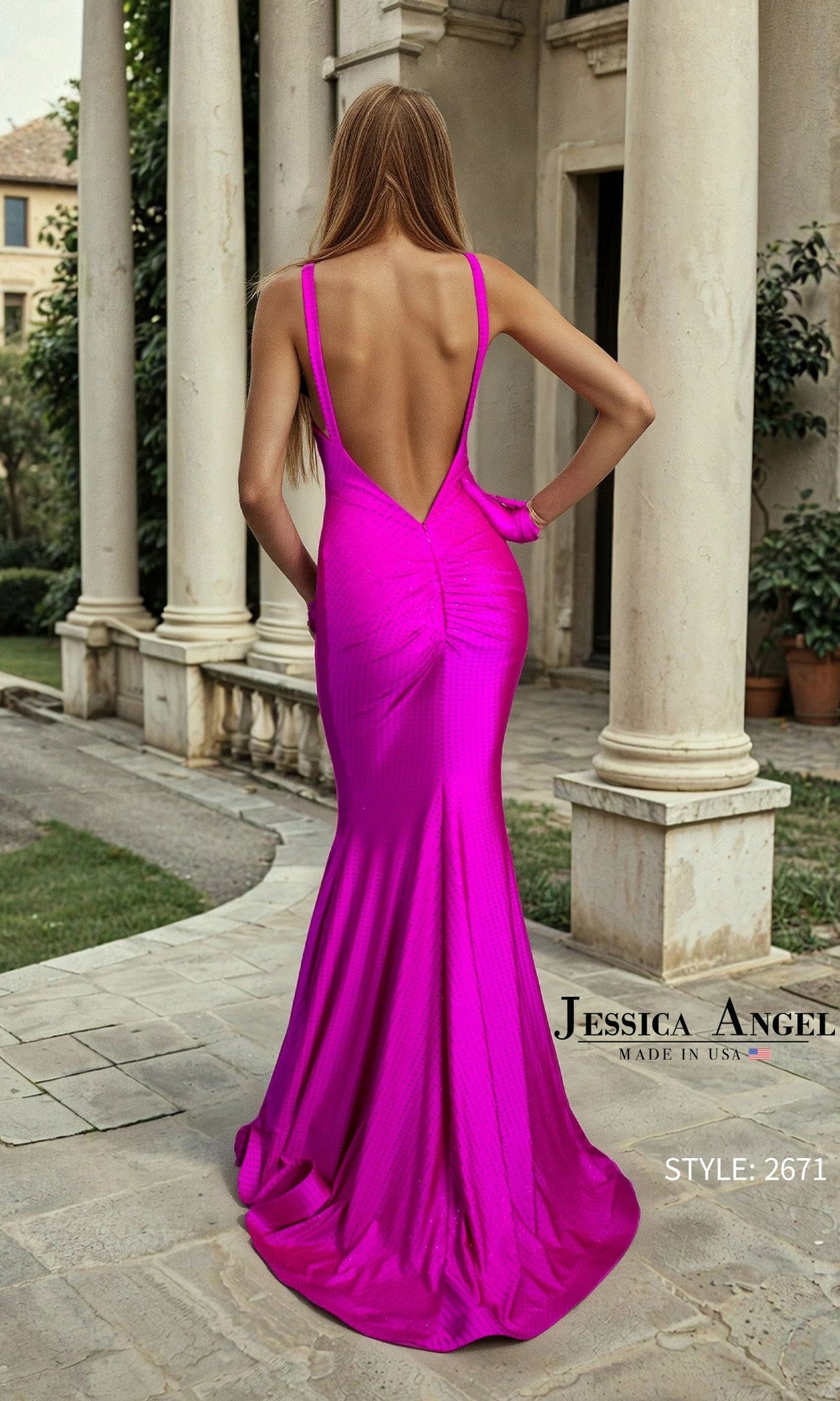 A woman wears the Long Prom Dress: Jessica Angel 2671, a sleeveless magenta gown with thin straps, fitted silhouette, and V-neckline. She stands on a stone path in front of columns.