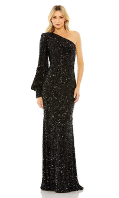 A woman faces forward in the Mac Duggal 26717 One-Sleeve Sequin Formal Gown—a full-length black evening dress with a single long sleeve—making it an elegant pick for any special occasion.
