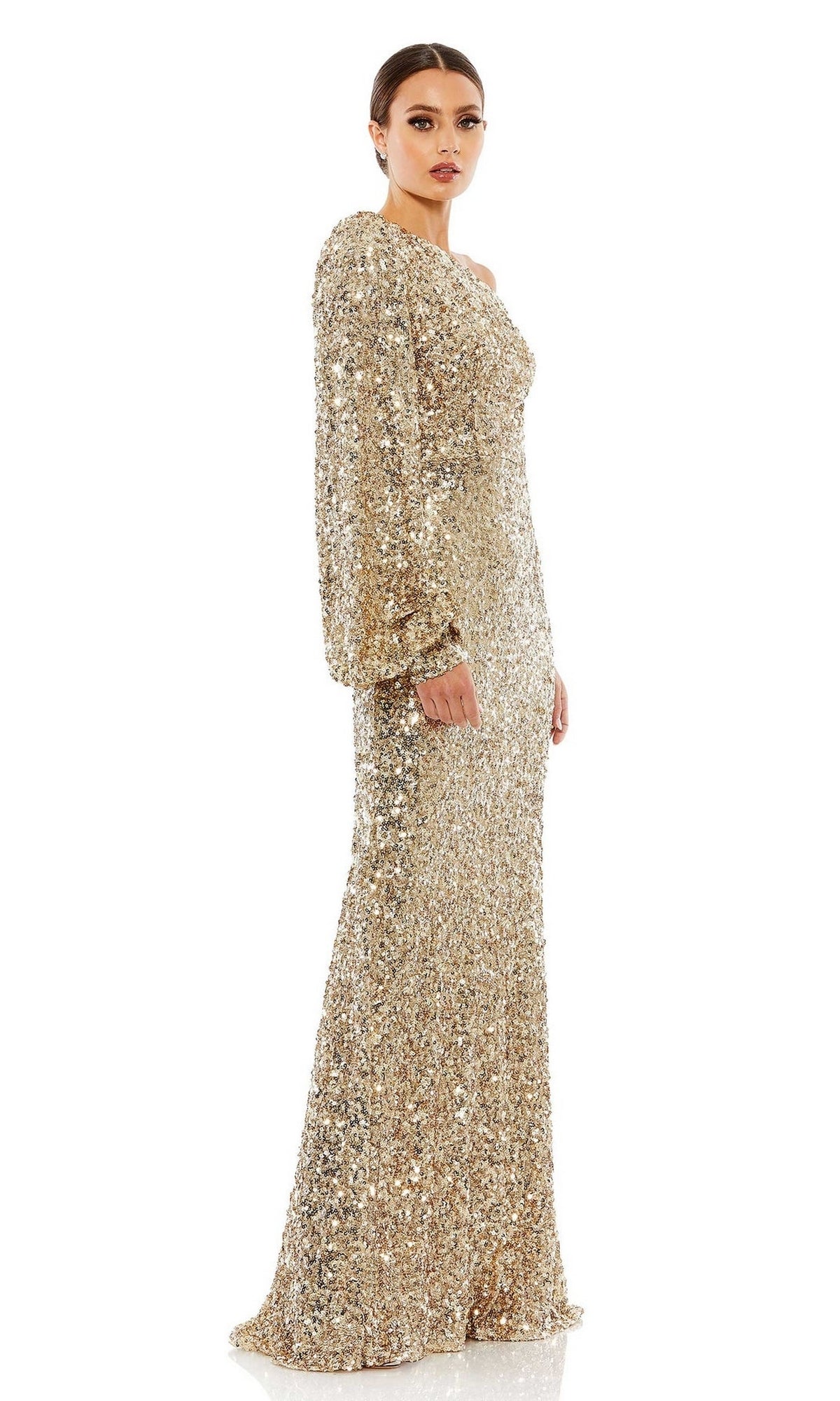 slim fit dress slacks Long Sequin Formal Dress with One Long Sleeve– PromGirl