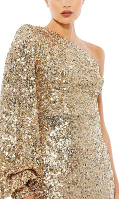 A person wearing the Mac Duggal 26717 One-Sleeve Sequin Formal Gown in gold—featuring shimmering sequins and a dramatic, single long sleeve—ideal for making a stunning entrance at any special occasion.
