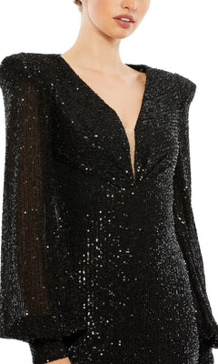 black sequin long sleeve dress with deep v neck Mac Duggal 26722 Long Formal Dress
