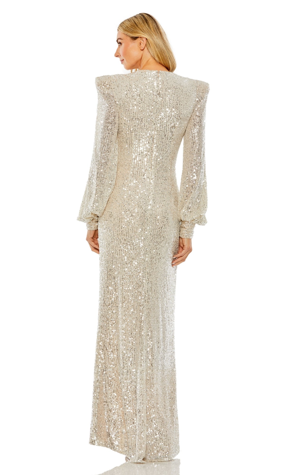 A woman faces away, wearing the Long Formal Dress 26722 by Mac Duggal, featuring long sleeves, sequins, shoulder pads, and a graceful v-neckline.