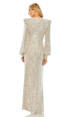 A woman faces away, wearing the Long Formal Dress 26722 by Mac Duggal, featuring long sleeves, sequins, shoulder pads, and a graceful v-neckline.