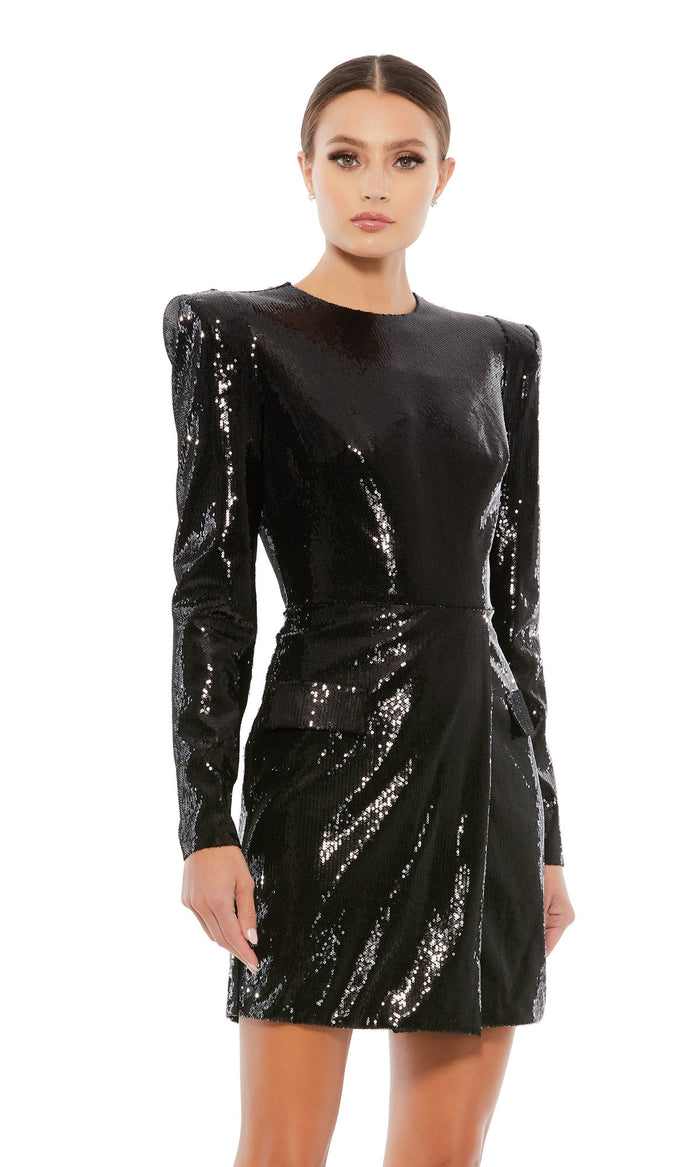 Long Sleeve Short Black Sequin Party Dress 26724
