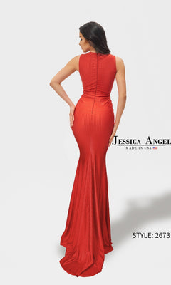 A woman poses in the Long Prom Dress: Jessica Angel 2673, a sleeveless, floor-length evening gown with a fitted silhouette and flowing train. She stands facing away, hand on hip. Text reads "Jessica Angel" and "STYLE: 2673".